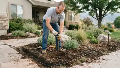 Electrician installing low-voltage landscape lighting fixtures and buried cable in an Ogden, UT yard