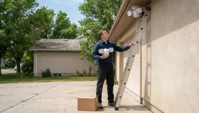 Ogden, UT electrician prepares a motion-sensor security light for garage eave installation