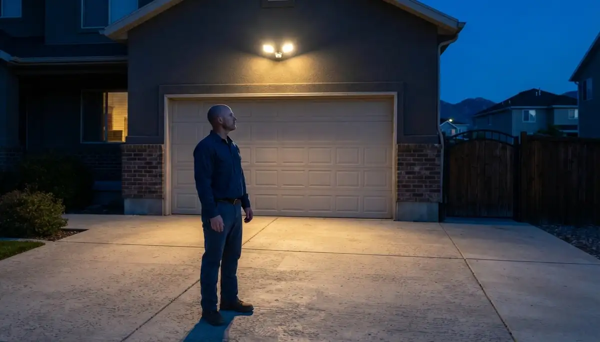 Electrician tests motion-activated security light coverage along an Ogden, UT driveway at night