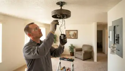 Electrician replacing a ceiling fan capacitor and reconnecting wiring in Ogden, UT