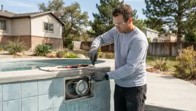 Electrician installing and bonding a replacement pool light fixture in Ogden, UT