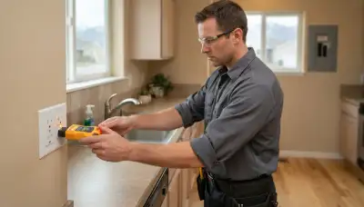Electrician tests unprotected outlets near sinks in an Ogden, UT home for GFCI protection
