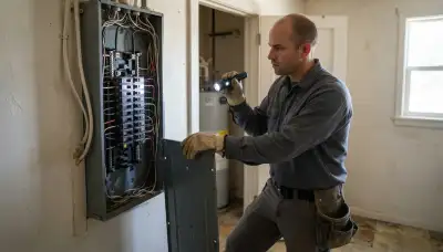 Electrician inspecting an open electrical panel during a home electrical inspection in Ogden, UT
