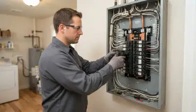 Licensed electrician installs a new breaker with a torque screwdriver in a de-energized electrical panel in Ogden, UT