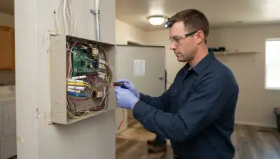 Technician wiring fire alarm zones into a control panel in an Ogden, UT home