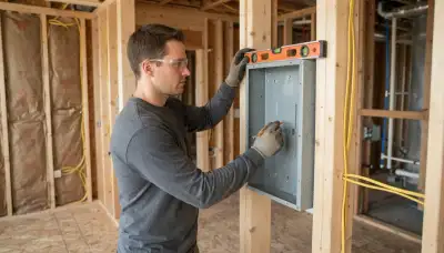 Electrician in Ogden, UT leveling a new electrical panel enclosure during rough-in installation