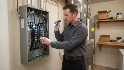 Electrician inspecting an open electrical panel for whole-home surge protection in an Ogden, UT home