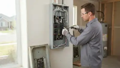 Electrician upgrading an older home's electrical panel in Brigham City, UT