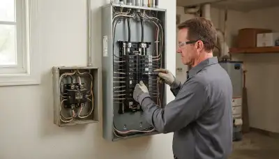 Electrician upgrading an outdated electrical panel in an older Centerville, UT home