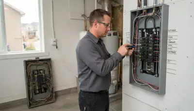Electrician installing a new electrical panel in an older Hooper, UT home