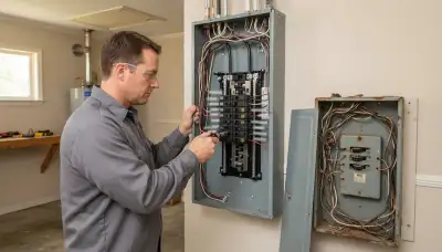 Electrician upgrading an electrical panel in an older Huntsville, UT home