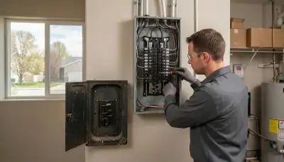 Electrician upgrading an older home's electrical panel in Morgan, Utah