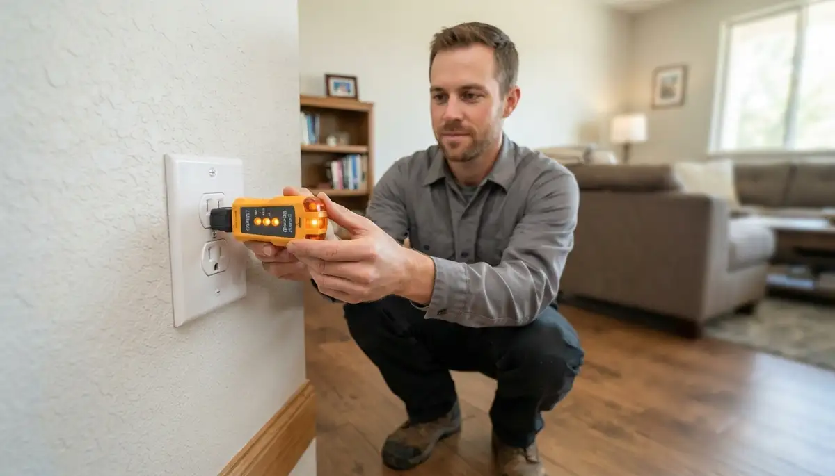 Ogden, UT electrician tests repaired outlet polarity and grounding before completing outlet repair