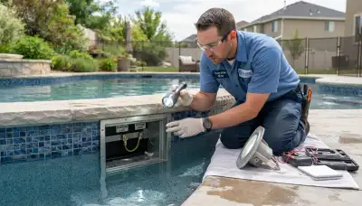 Electrician inspecting a pool light niche and bonding connections in Ogden, UT