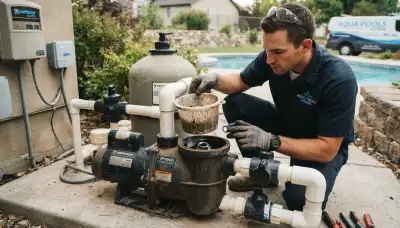 Electrician inspecting a pool pump strainer basket and shaft seal in Ogden, UT