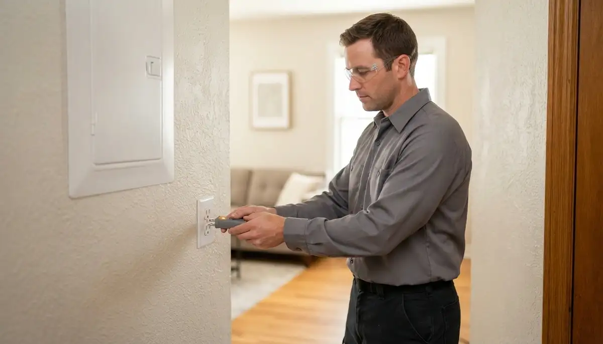 Ogden, UT electrician tests a restored electrical receptacle with a voltage tester after repair