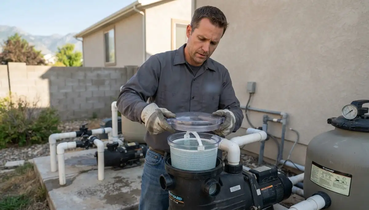 Electrician closes primed pool pump strainer lid to verify flow in Ogden, UT