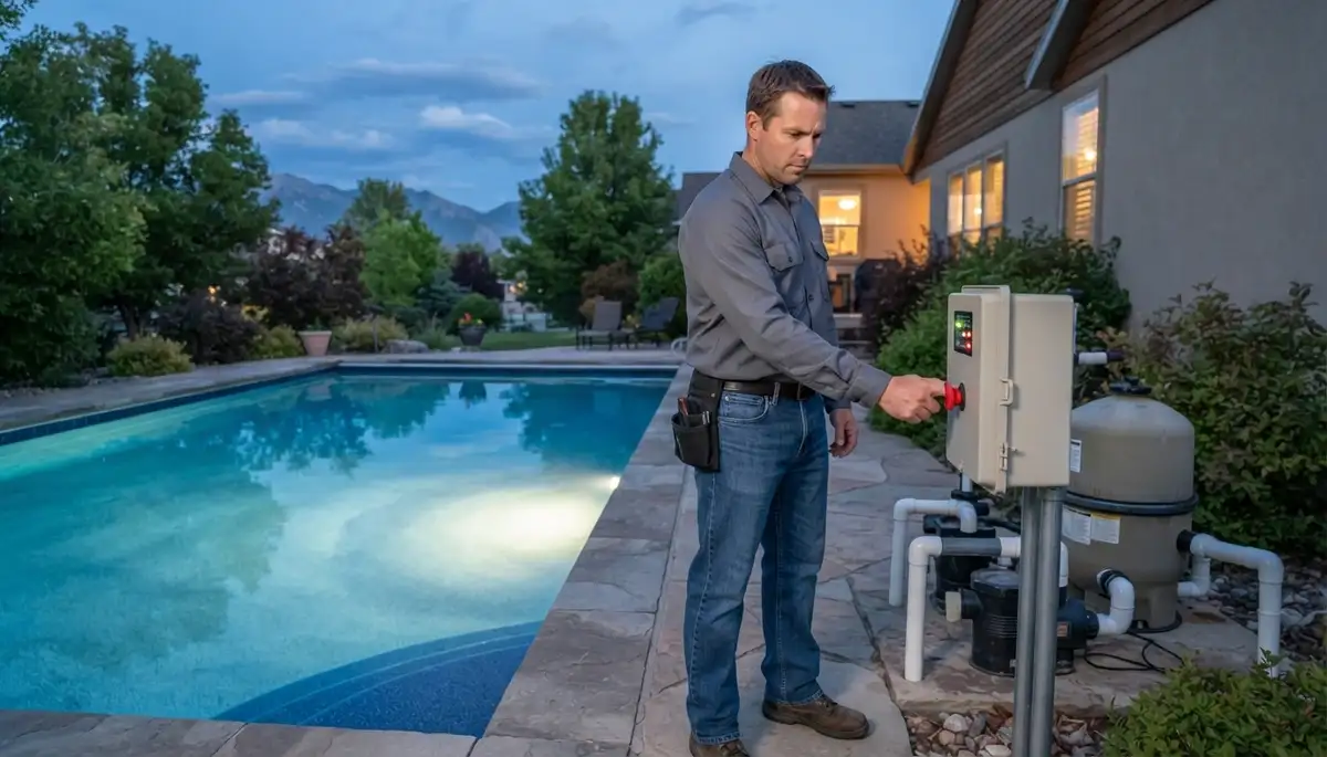 Electrician tests pool light GFCI protection at deck panel in Ogden, UT