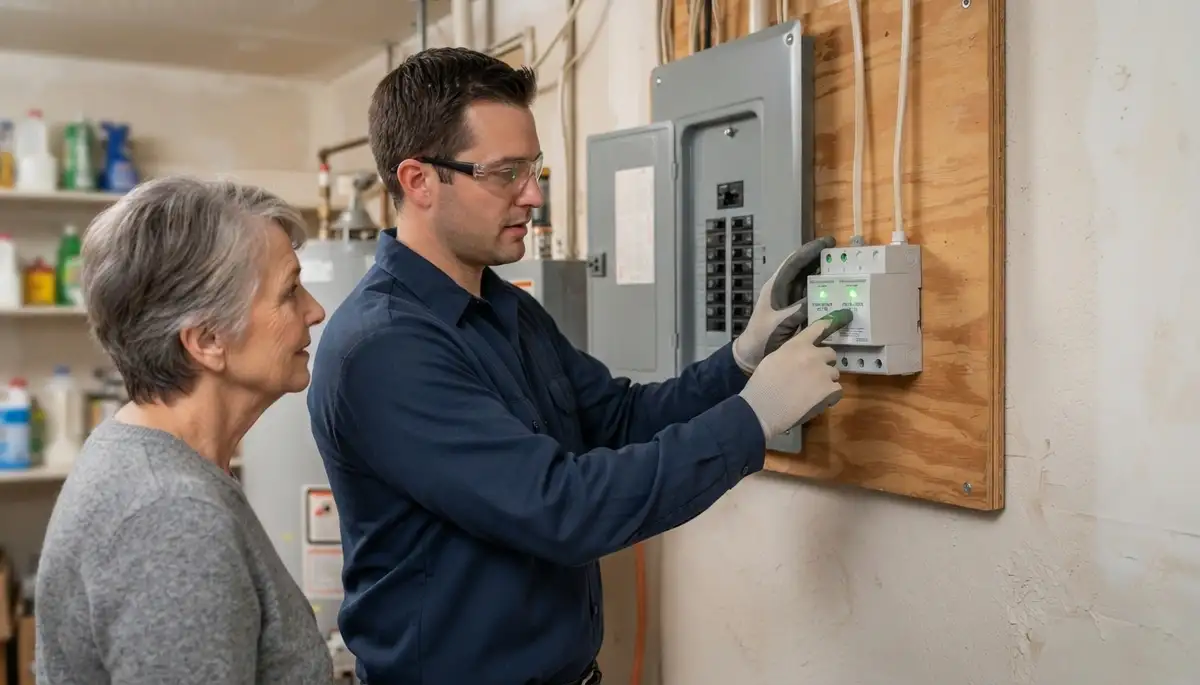 Electrician verifies active whole-home surge protection indicator in an Ogden, UT home