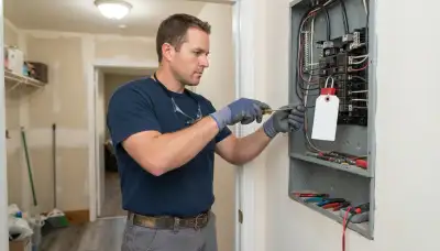 Ogden, UT electrician uses lockout-tagout safety while terminating circuit wiring with a screwdriver.
