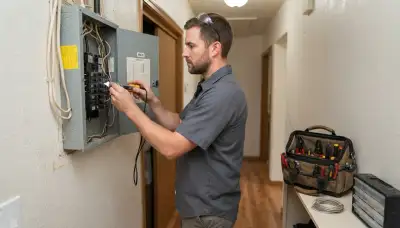 Ogden, UT electrician diagnoses a home electrical panel with a voltage tester during a service call