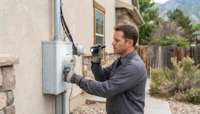 Electrician inspects a home's service entrance, meter base, and weatherhead in Ogden, UT