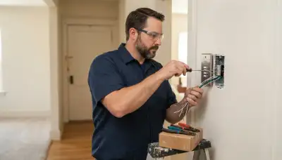 Electrician connecting intercom station wires with a precision screwdriver in Ogden, UT