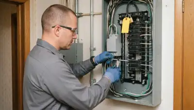 Electrician installs a whole-home surge protector at an electrical panel in an Ogden, UT residence