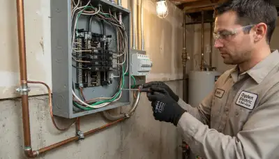 Electrician installing surge protection and bonding jumpers at an Ogden, UT home service panel