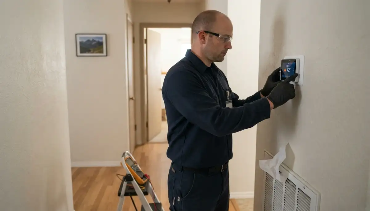 Electrician tests a newly installed thermostat’s heating and cooling cycles in an Ogden, UT home