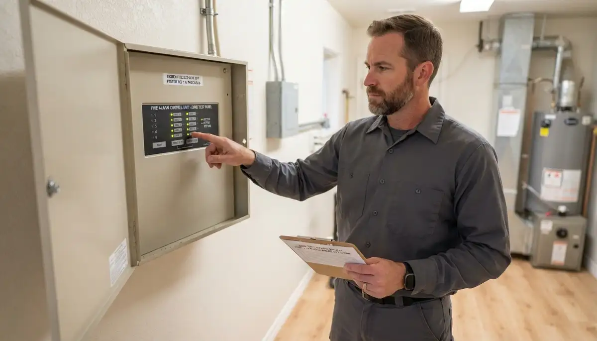 Technician tests fire alarm control panel zones and detectors in an Ogden, UT home