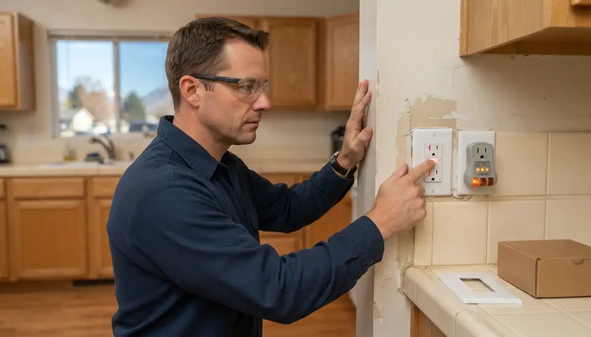 Ogden, UT electrician tests a newly installed GFCI outlet by pressing the test button.