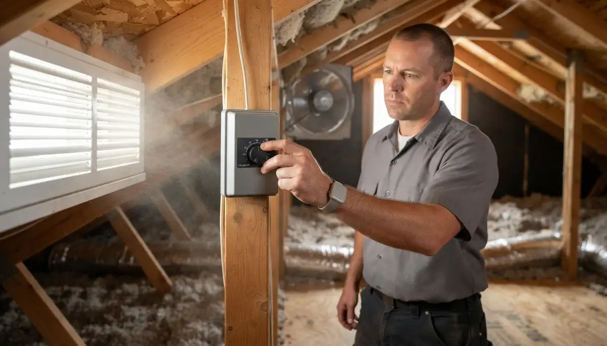 Ogden, UT electrician tests attic fan thermostat and verifies airflow through soffit vents