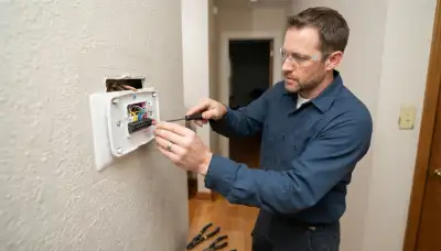 Electrician mounting and wiring a thermostat base in an Ogden, UT home