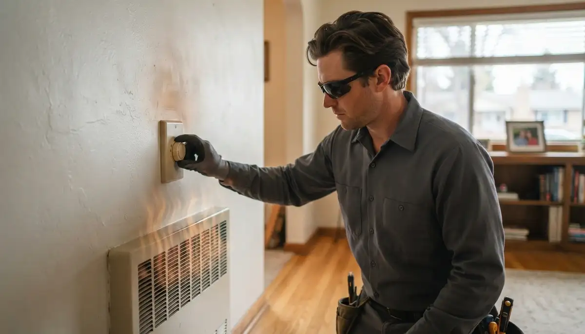 Electrician in Ogden, UT adjusts a heater thermostat and verifies warm air output during electric heater installation.