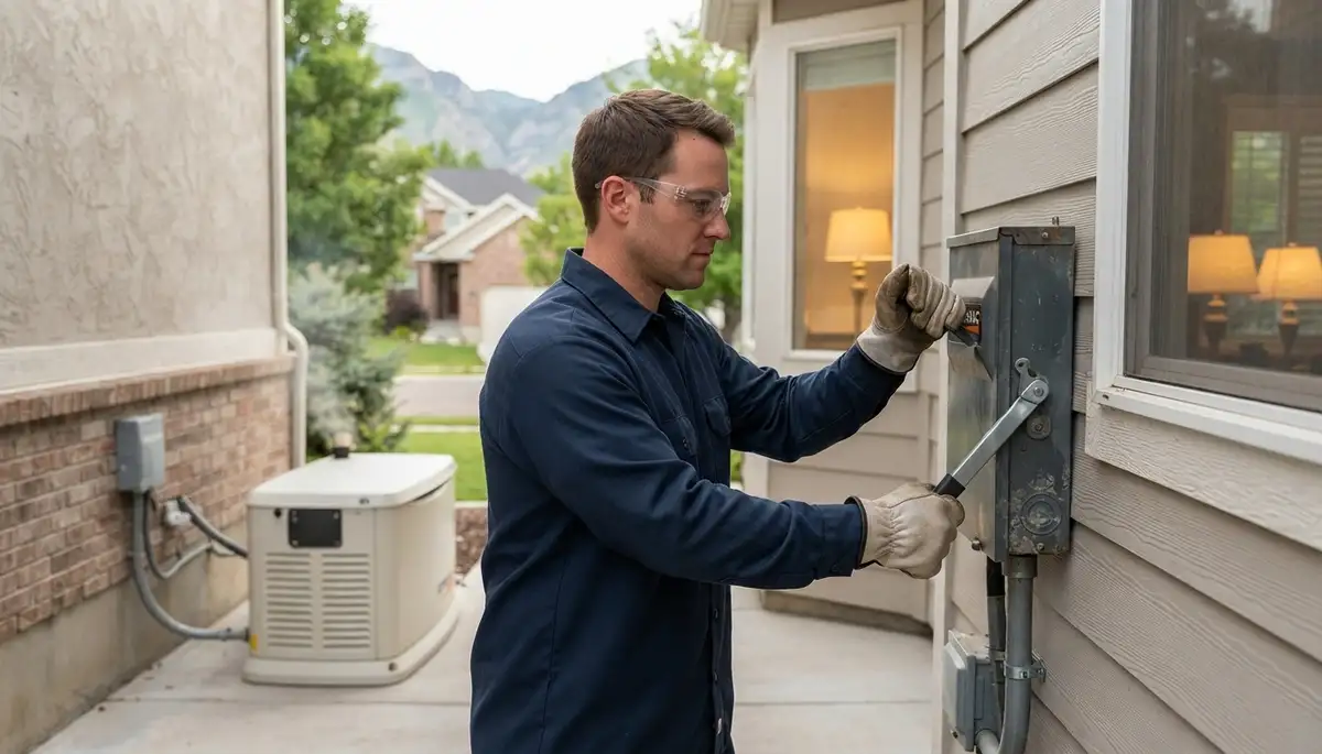 Electrician tests a generator transfer switch in Ogden, UT, verifying backup power for essential circuits.