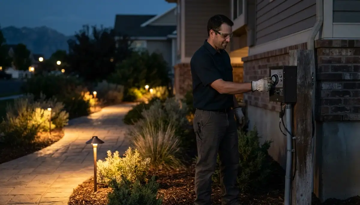 Electrician adjusting a landscape lighting transformer timer at dusk in an Ogden, UT yard