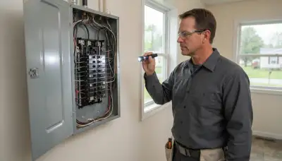 Electrician performing a whole-home electrical inspection in Clearfield, UT, checking the panel and wiring