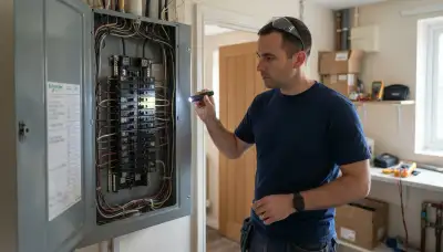 Electrician inspecting breaker panel and wiring during a whole-home electrical inspection in Croydon, UT