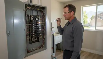 Electrician inspecting a home electrical panel during a whole-home inspection in Kaysville, UT