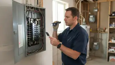 Electrician inspecting whole-home wiring with a flashlight and tester in Layton, UT