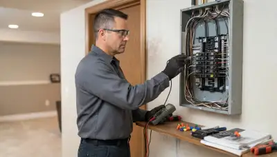Licensed electrician inspects circuit breaker panel with voltage tester during whole-home assessment in Ogden, UT
