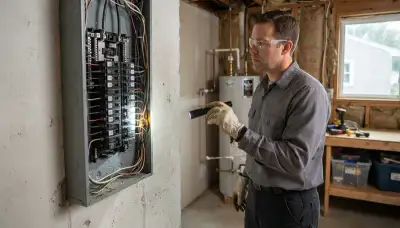 Electrician performing a whole-home electrical inspection in Syracuse, UT