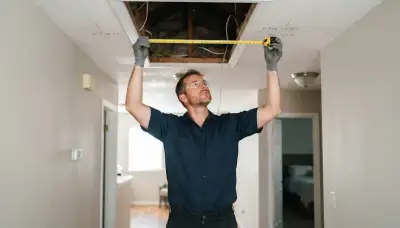 Electrician assessing attic clearance and ceiling joists for whole-house fan placement in Ogden, UT