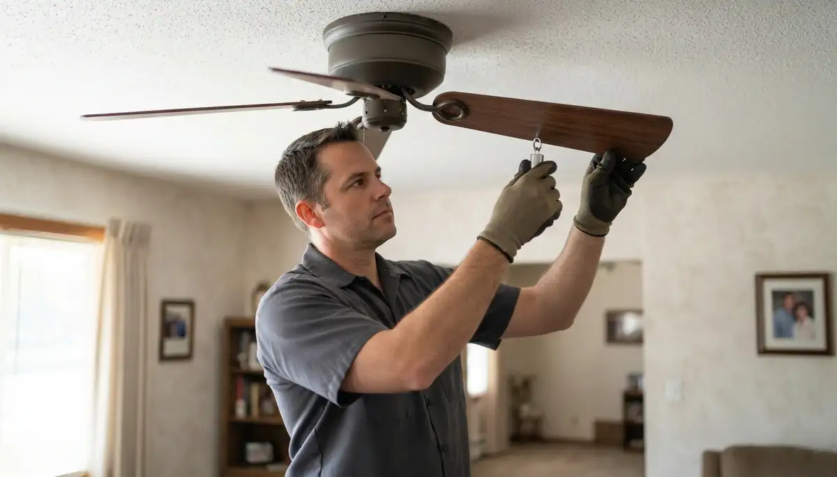 Electrician balancing a repaired ceiling fan with a calibrated blade weight in an Ogden, UT home