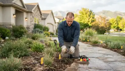 Electrician staking landscape lighting fixtures along a residential pathway in Ogden, UT